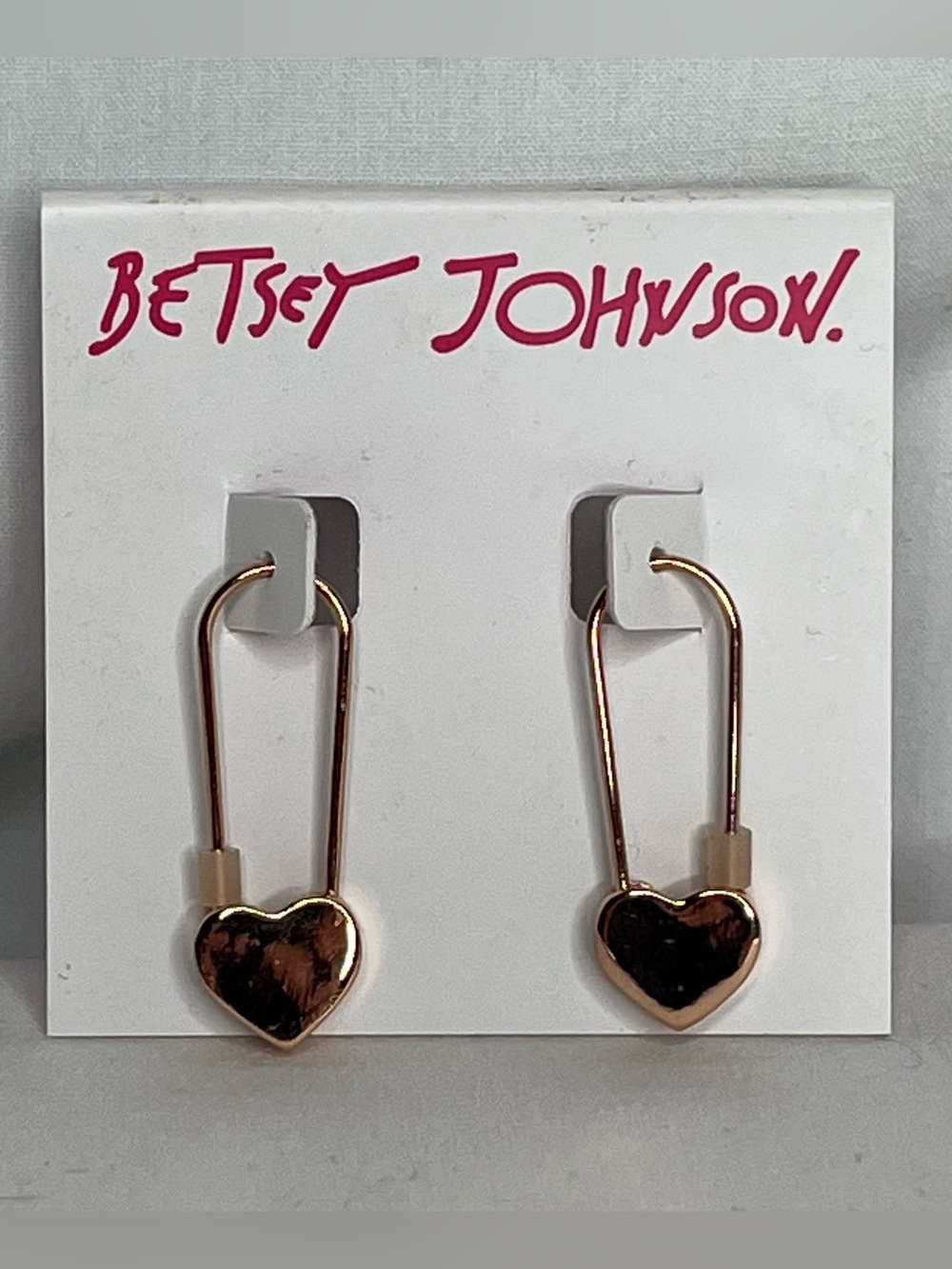 Rose Gold Tone Betsy Johnson Heart Safety Pin Earrings. 1" Drop Length